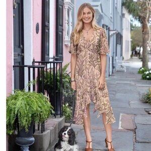 Sundance Lilac Springs Ruffled Dress Womens L/P Lilac & Beige Botanical Print Co